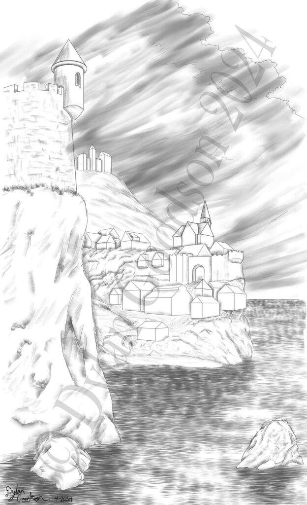 line drawing of seaside village relief carving design